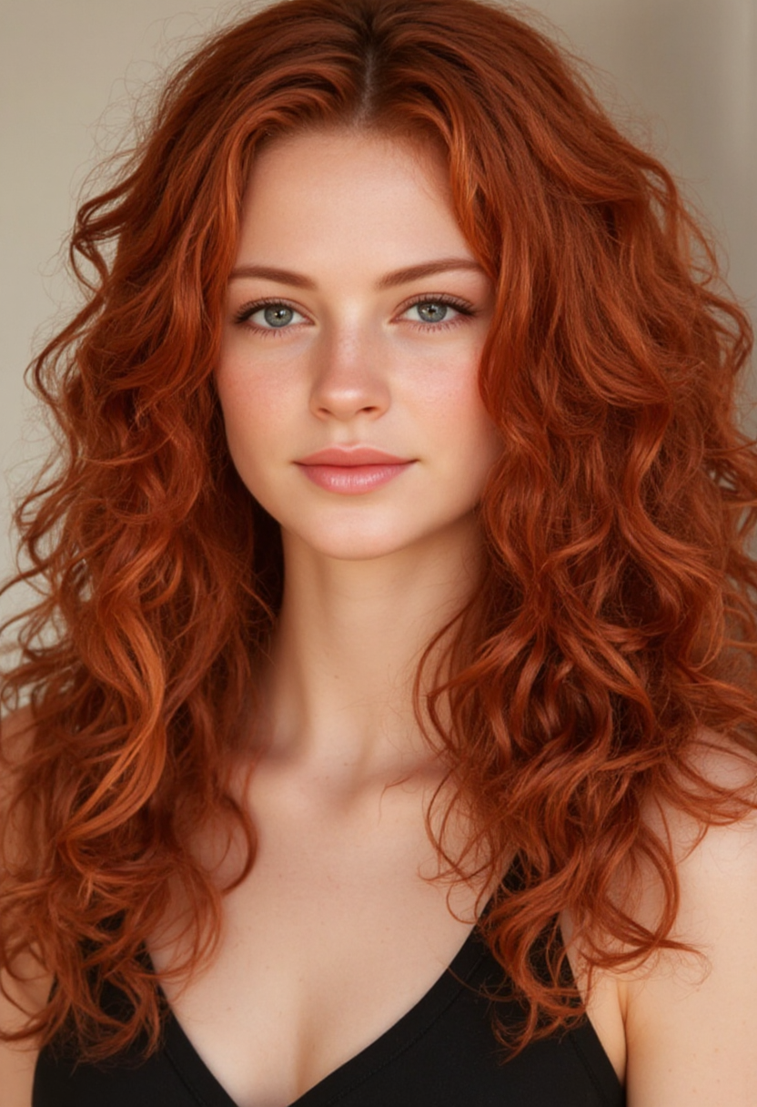 Prompt base: full body shot real beautiful young redhead woman, with some natural freckles on her face, with sun-golden tanned skin, with curly hair, with a sensual, feminine and curvy body, large and natural breasts, perfectly round and symmetrical breasts, with a well-defined, thin and perfectly symmetrical waist, with a abs with well-defined muscles, with toned, well-defined and beautiful thighs, a body considered sculptural, with a very well defined and sensual Brazilian bikini line, with a golden and sensual bikini line by Eve Vaillant