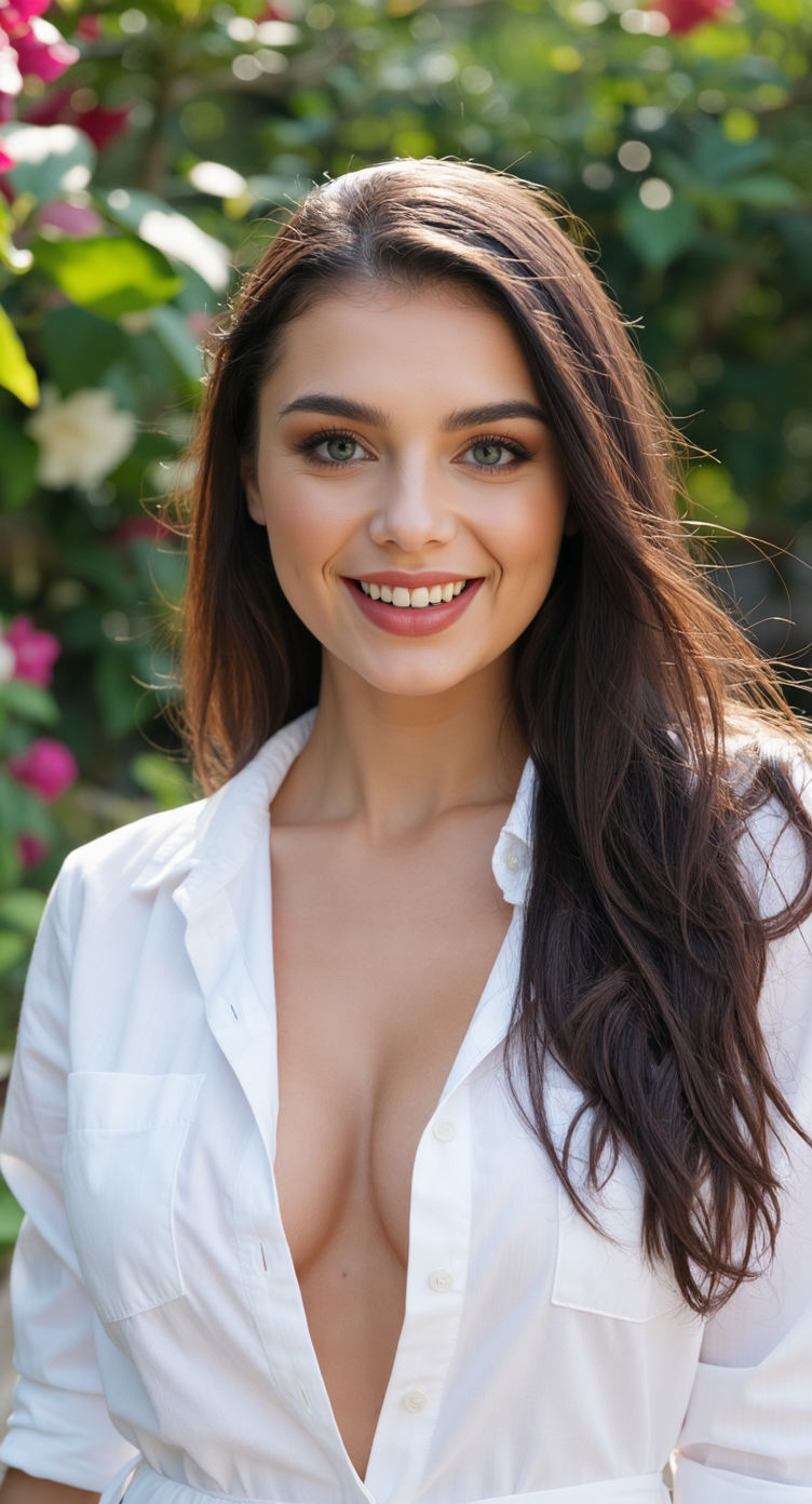 Prompt base: full body shot, ultra realistic portrait of a stunning 21-year-old woman, tanned skin, realistic blue-green eyes with natural depth and slight golden flecks near the pupil, clear sclera, perfectly proportioned hourglass figure, large full breasts, narrow waist, sensual full lips, high cheekbones, long wavy dark brown hair cascading down her back with natural shine and volume, wearing a crisp white button-up shirt slightly open at the collar, sleeves rolled to the elbows, standing amidst a lush and vibrant garden filled with blooming flowers and soft greenery, warm sunlight filtering through the leaves, soft breeze moving her hair, confident yet serene expression, cinematic depth of field, ultra high resolution by Eve Vaillant