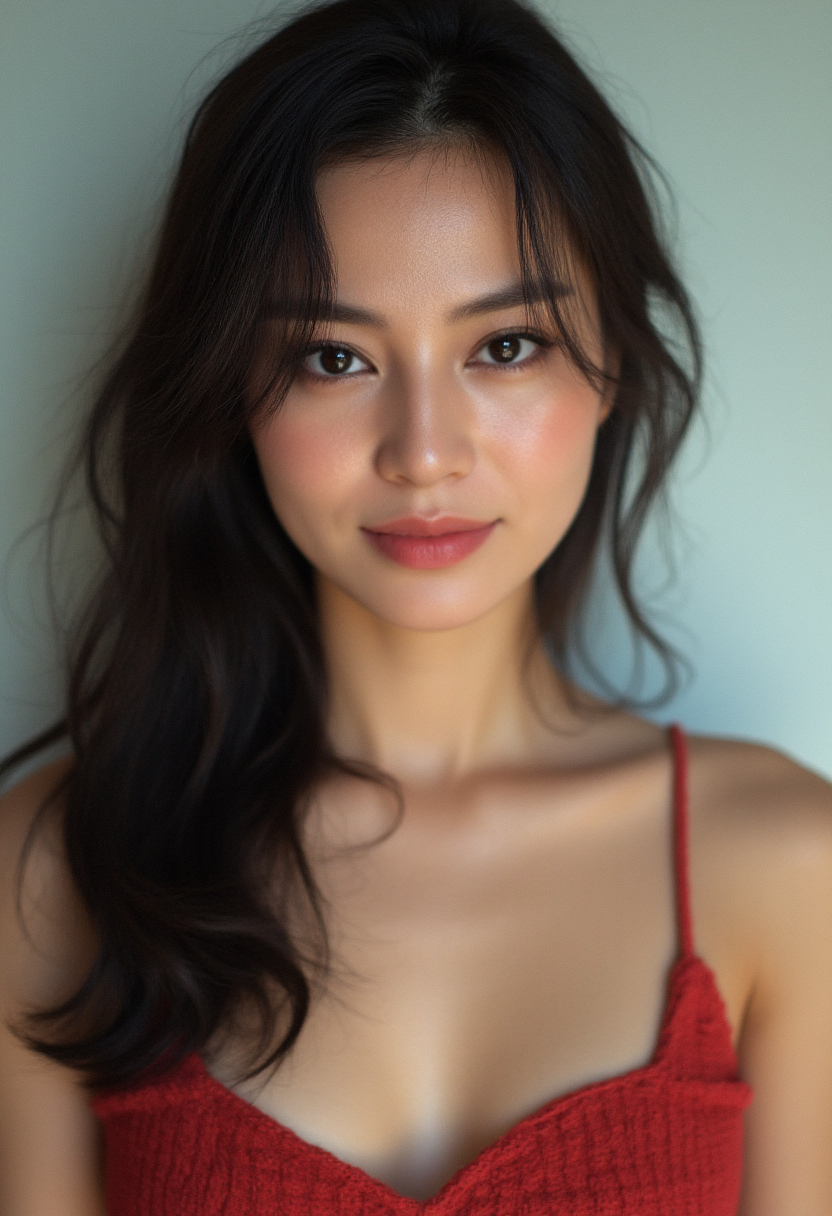 Prompt base: beautiful and young asian womam, shapely body with rounded, perfectly symmetrical hips, with large natural breasts that are perfectly round and symmetrical, beautiful sensual thin and well-defined symmetrical waist,  symmetrical hips and long, well-defined thick thighs by Eve Vaillant